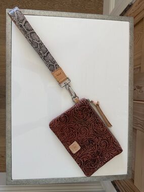 Consuela Tooled Leather Wristlet Wallet Floral Brown Zip Pouch w/ Strap